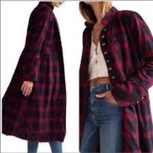 Free People We the Free Odessa Duster Coat Maroon Plaid Size M